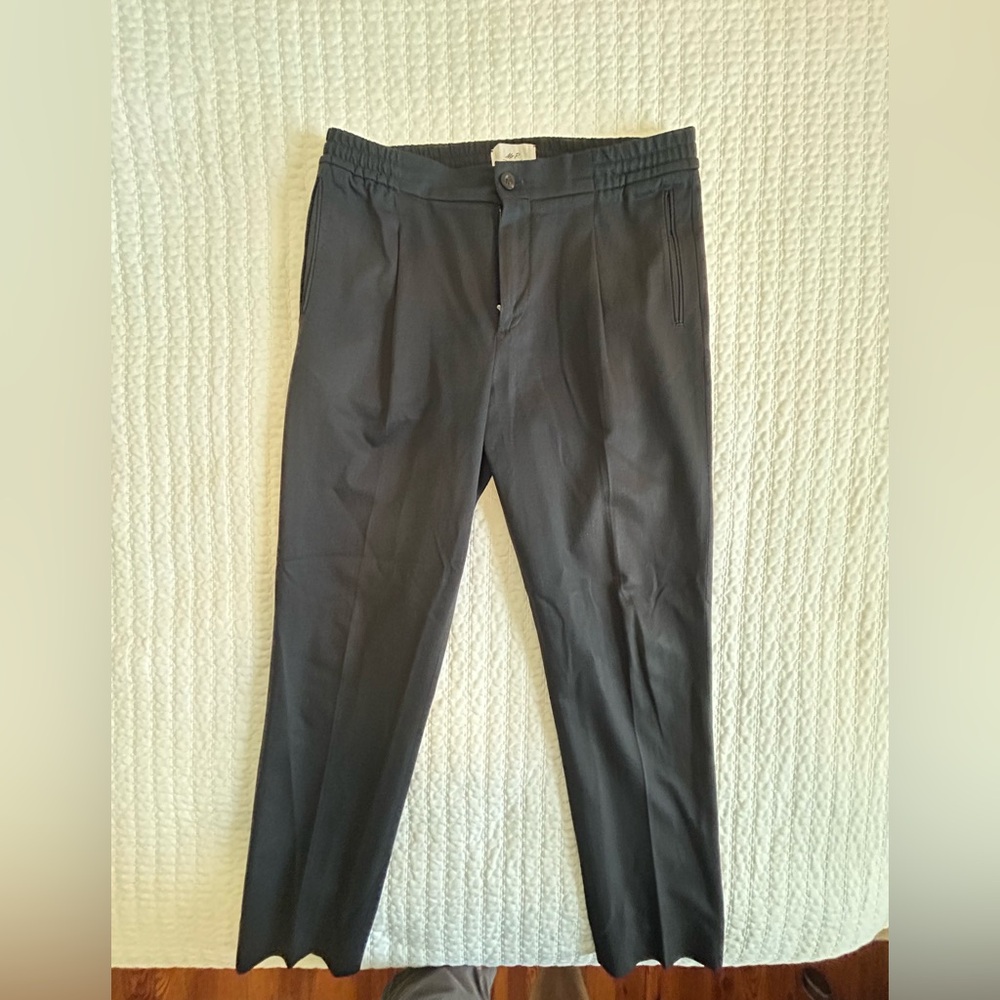 Mr. P navy blue straight leg single pleat wool cotton blend trousers 34×29.5
